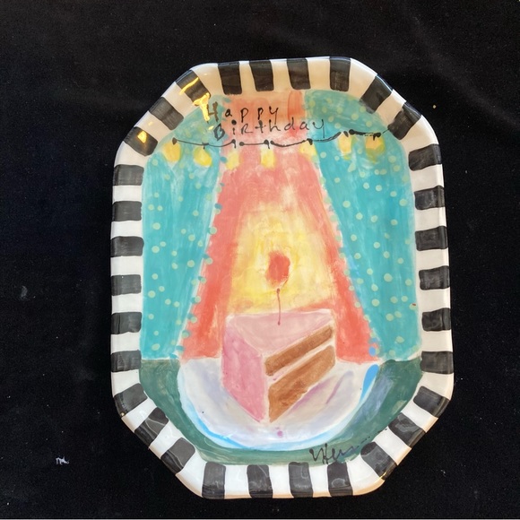 Happy Birthday “Handmade Ceramic 8 Sided Platter 13”x10” Cake Design - Picture 3 of 10